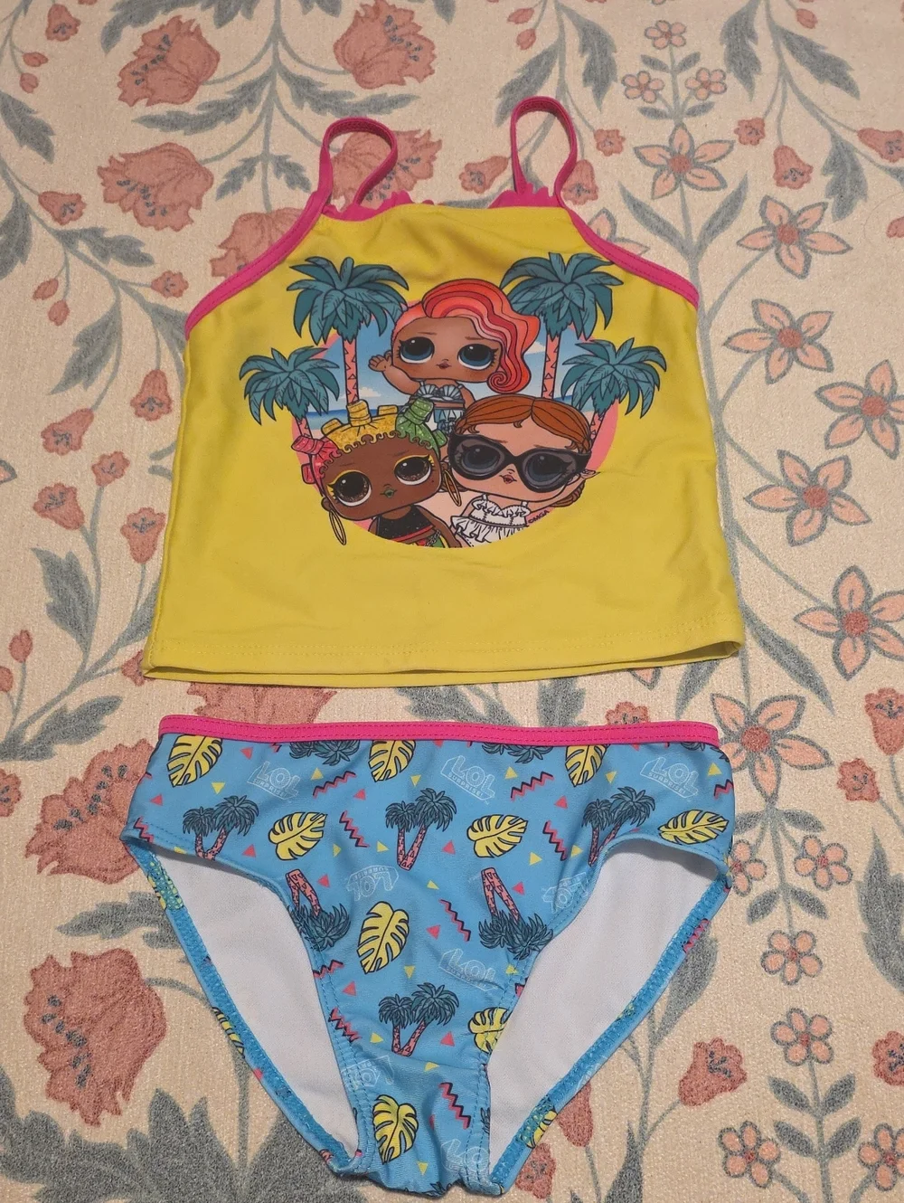Kids Yellow and Blue Tankini Swim Set with Pink Trim